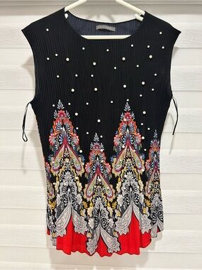 Suzy Shier Black Sleeveless Tank with Pearl Accents and Multicolor Floral Border